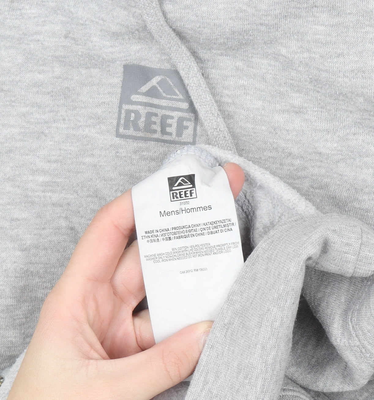 Reef Mens Grey Full Zip Hoodie 2XL Regular Fit Fleece
