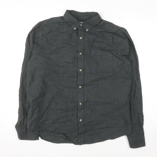 EASY Men's Grey Cotton Button-Down Long Sleeve Casual Shirt Size L