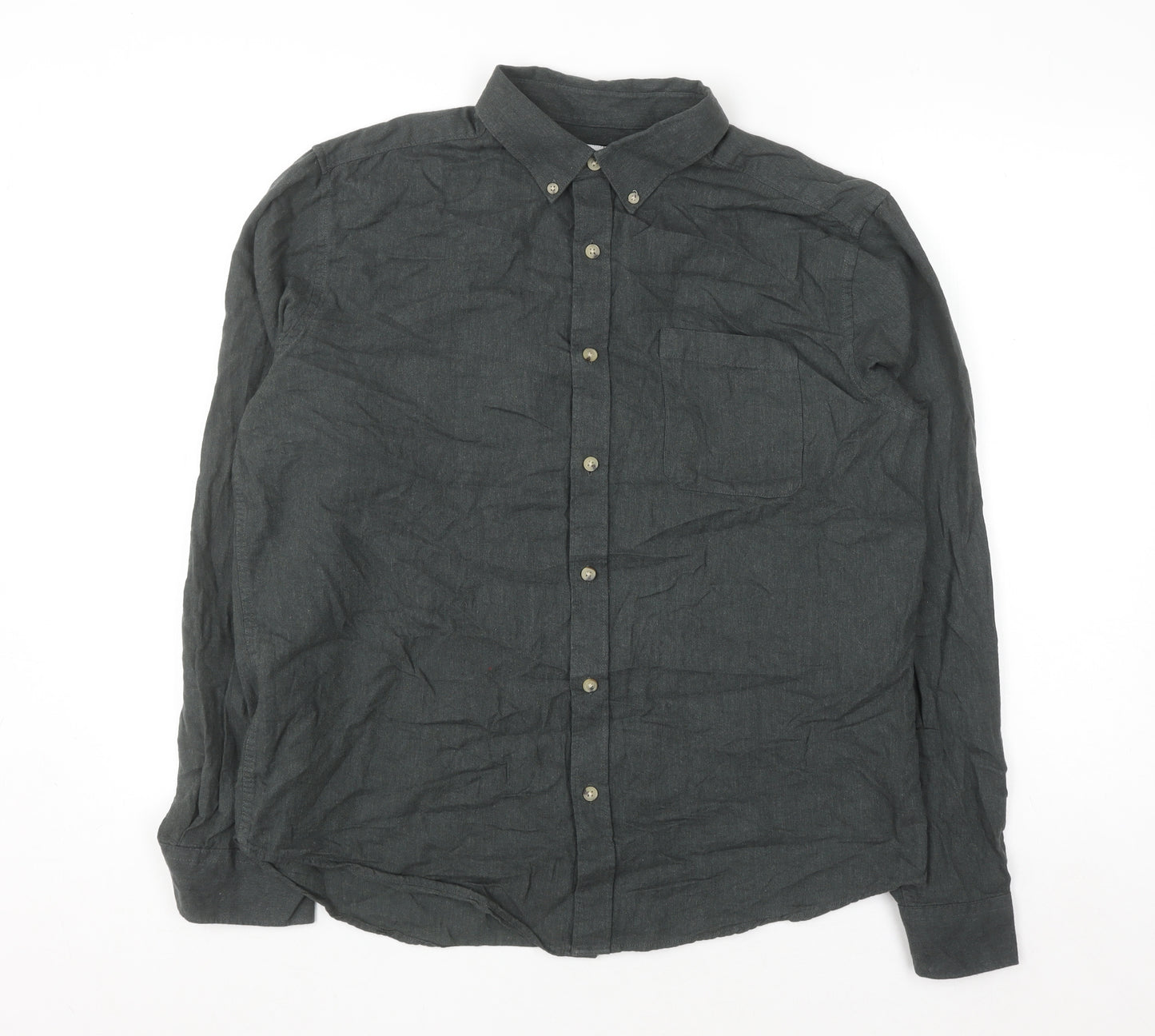 EASY Men's Grey Cotton Button-Down Long Sleeve Casual Shirt Size L