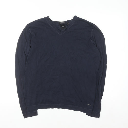 BOSS Mens Blue V-Neck Cotton Silk Regular Fit Jumper M