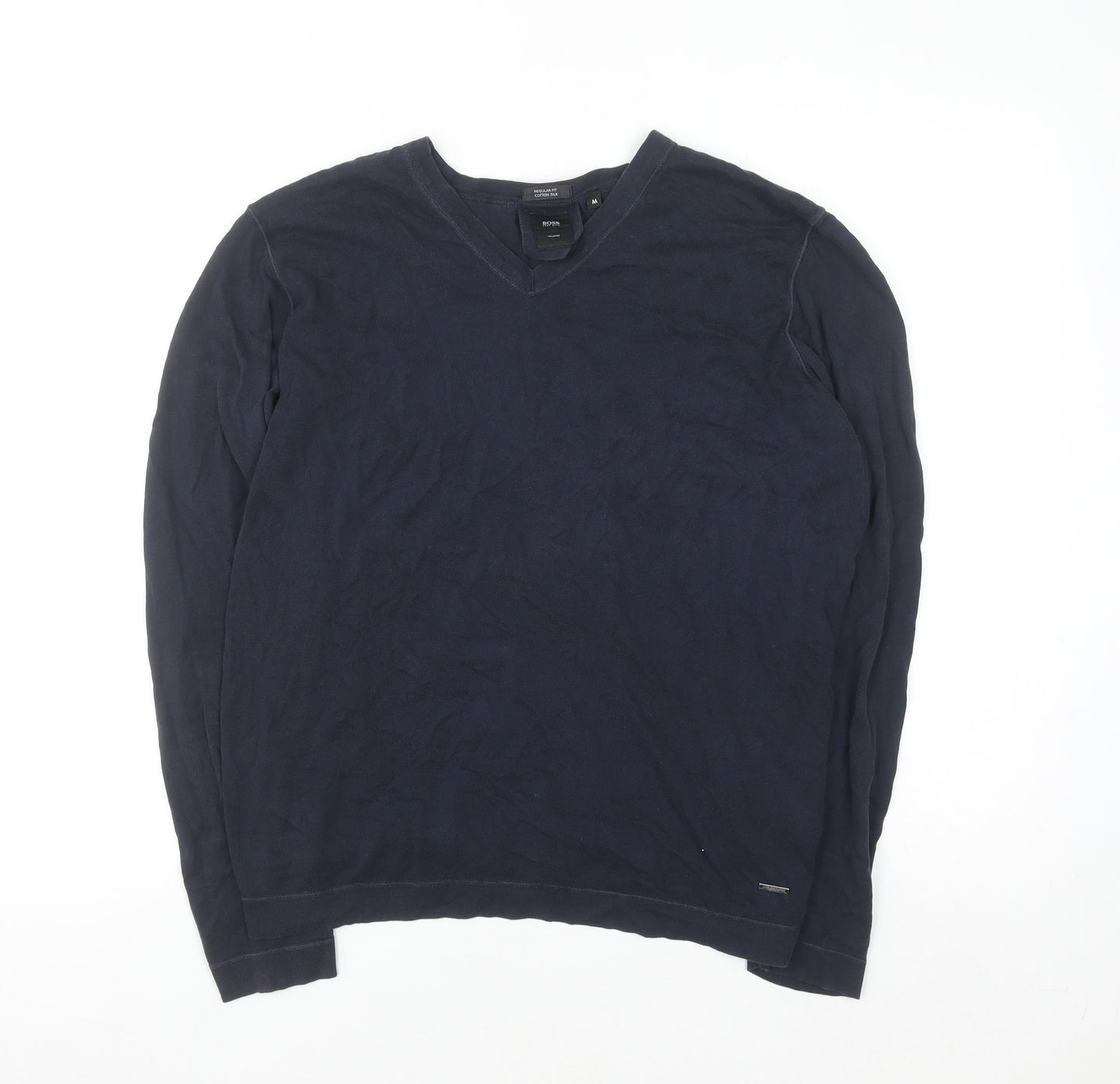 BOSS Mens Blue V-Neck Cotton Silk Regular Fit Jumper M