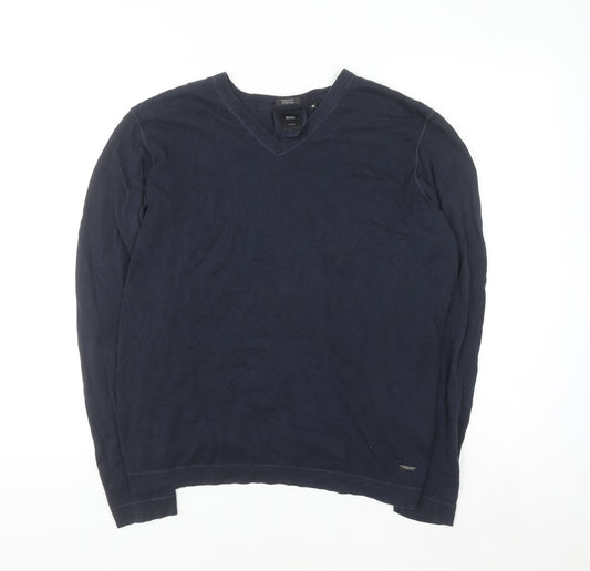 BOSS Mens Blue V-Neck Cotton Silk Regular Fit Jumper M