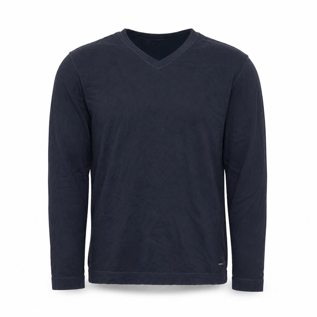 Front view of BOSS men’s blue v-neck cotton silk regular fit jumper m