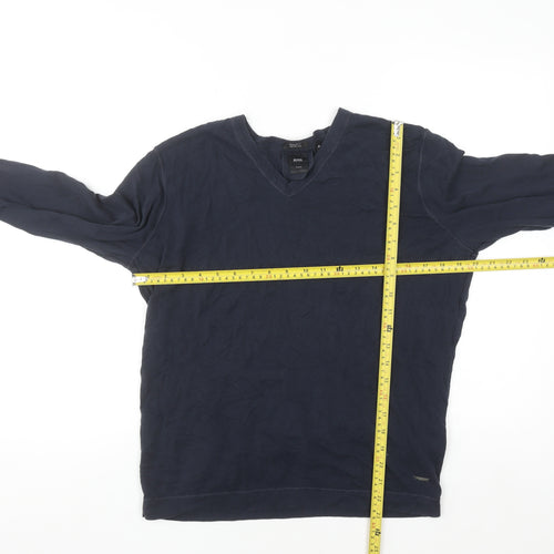 BOSS Mens Blue V-Neck Cotton Silk Regular Fit Jumper M
