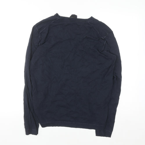 BOSS Mens Blue V-Neck Cotton Silk Regular Fit Jumper M