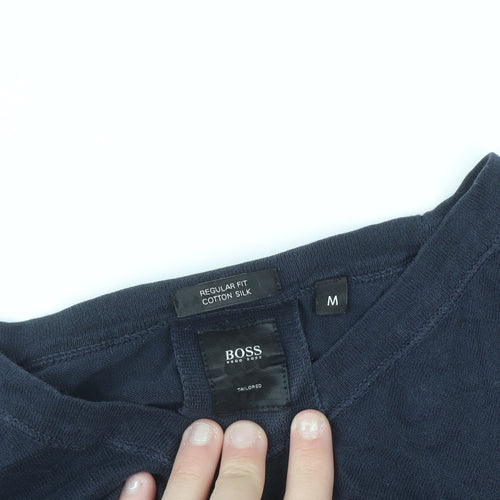 BOSS Mens Blue V-Neck Cotton Silk Regular Fit Jumper M