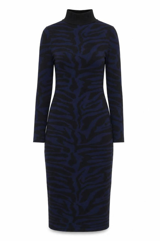 Front view of River Island Women's Blue Animal Print Bodycon Midi Dress, size 6