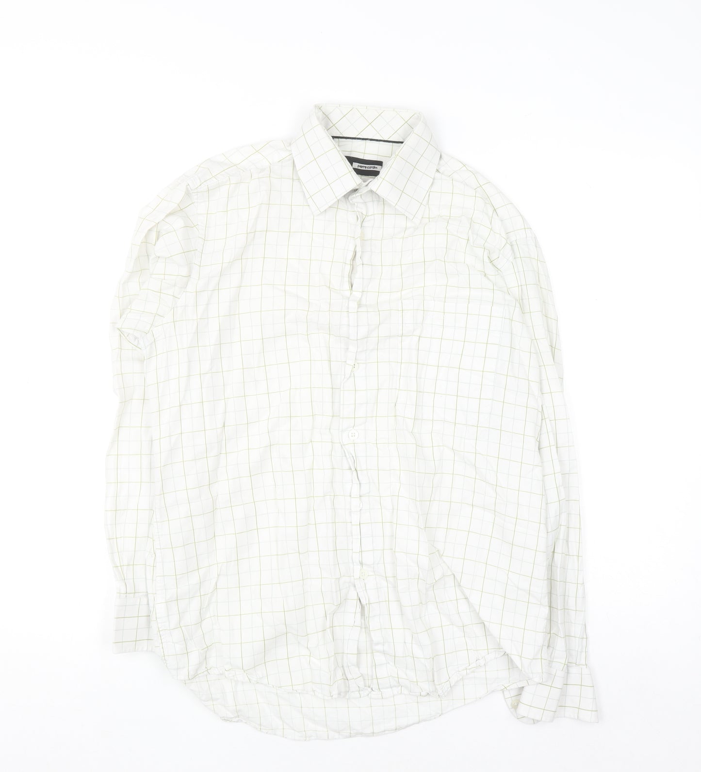 Pierre Cardin Men's White Checked Cotton Long Sleeve Shirt Size 15