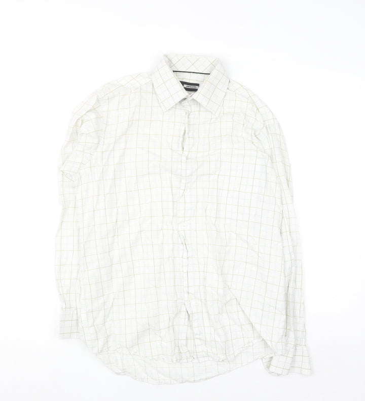 Pierre Cardin Men's White Checked Cotton Long Sleeve Shirt Size 15