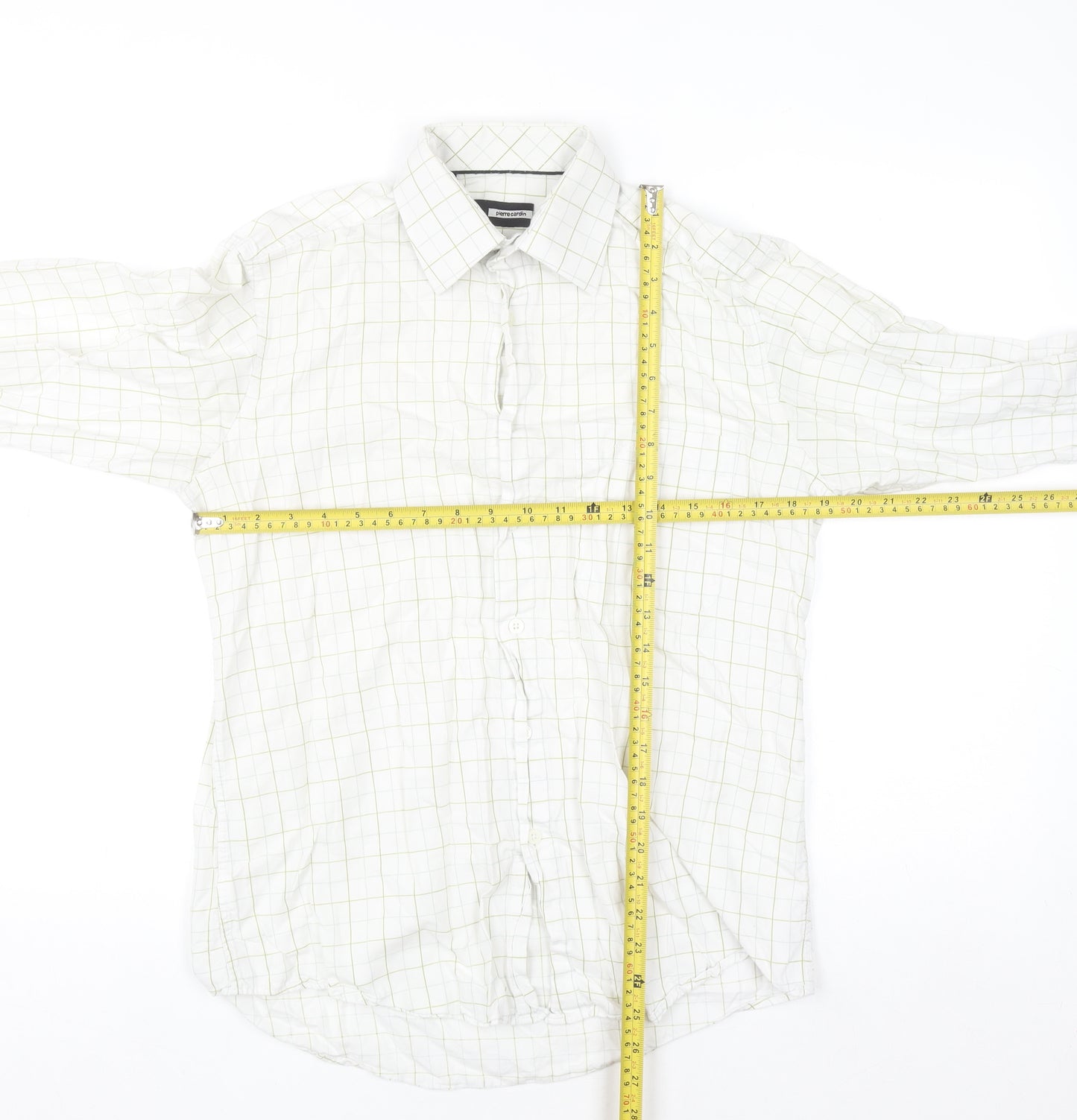 Pierre Cardin Men's White Checked Cotton Long Sleeve Shirt Size 15