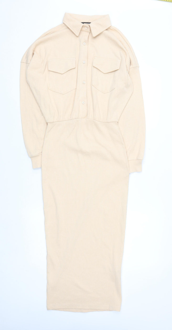 Missguided Women Beige Collared Midi Shirt Dress Size 12