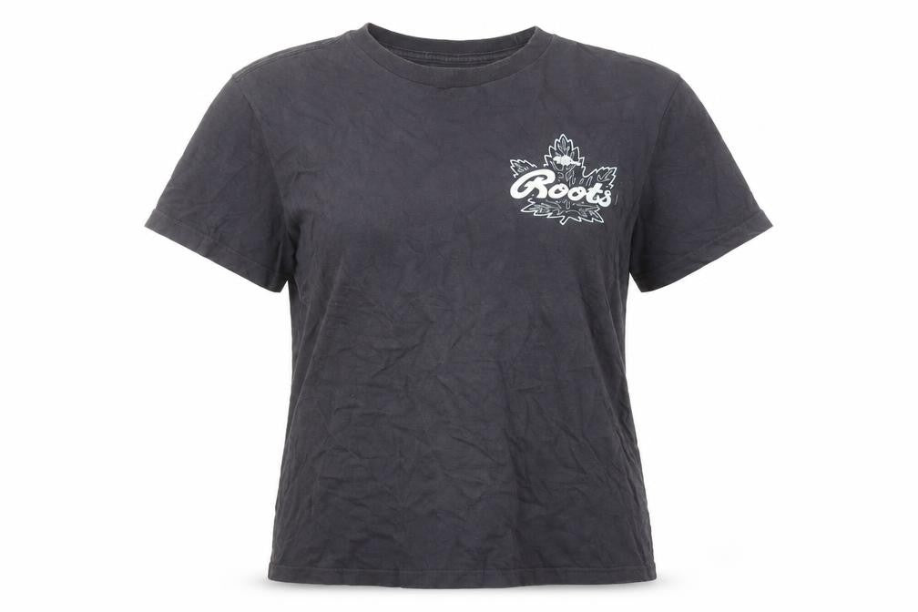 Front view of Roots women’s black cotton short sleeve t-shirt m