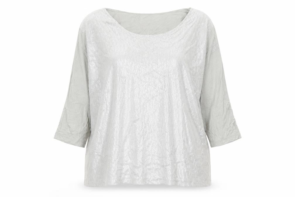 Front view of Marks & Spencer women’s silver sequin 3/4 sleeve t-shirt, size UK 18