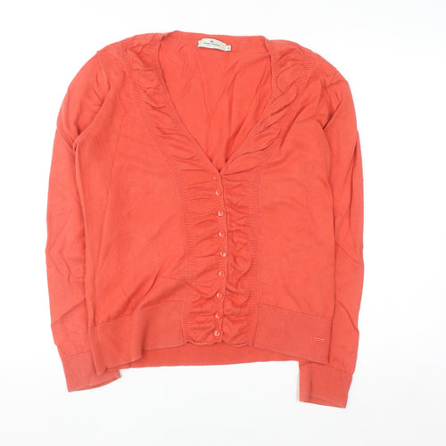 Tom Tailor Women Coral Cardigan XL V-Neck Ruffle Long Sleeve Cotton Knit