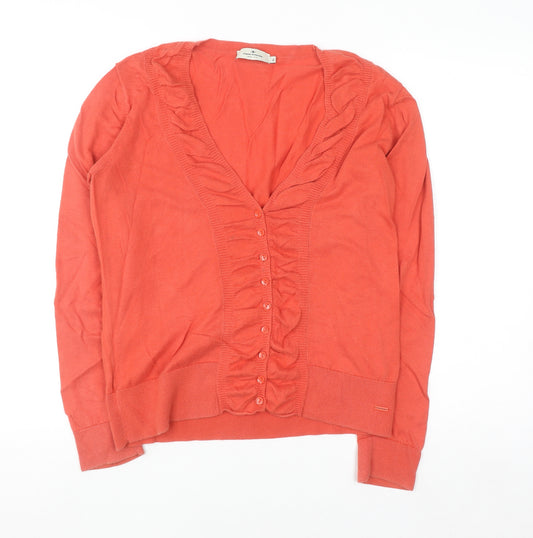Tom Tailor Women Coral Cardigan XL V-Neck Ruffle Long Sleeve Cotton Knit