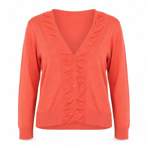 Tom Tailor Women Coral Cardigan XL V-Neck Ruffle Long Sleeve Cotton Knit