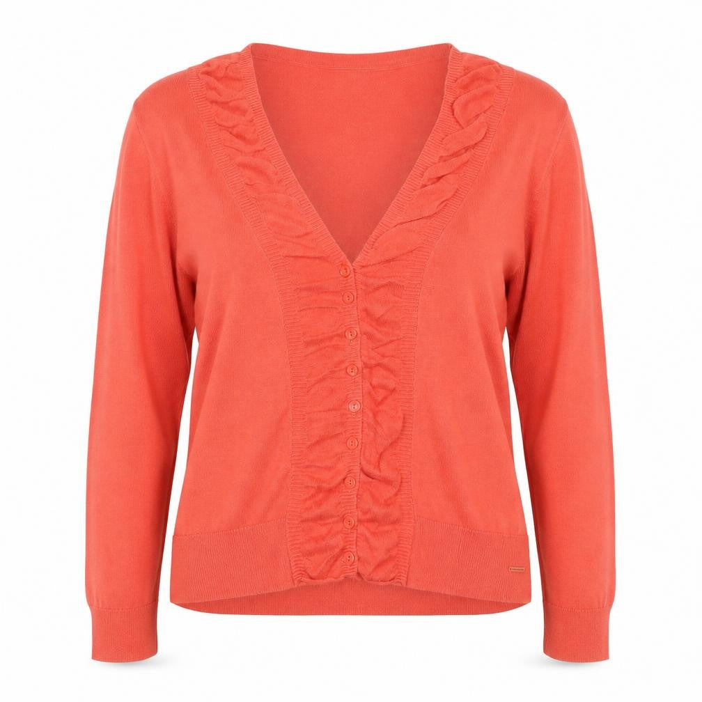 Tom Tailor Women Coral Cardigan XL V-Neck Ruffle Long Sleeve Cotton Knit