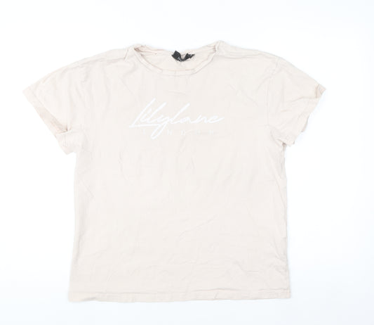 Lilylane London Women Beige Basic Cotton Short Sleeve T-Shirt Small
