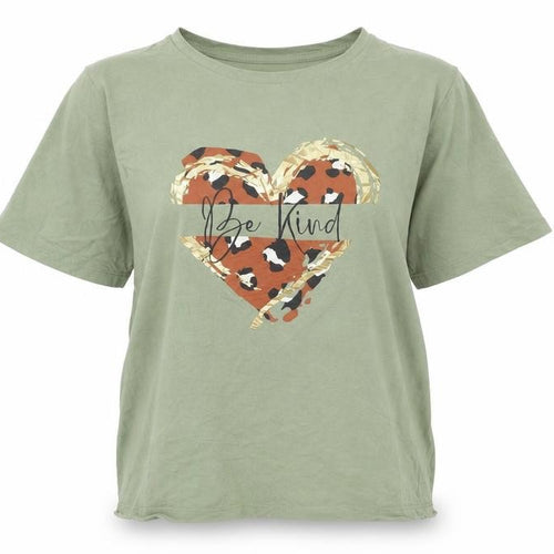 Mara Reya Women’s Green Be Kind Leopard Heart Cotton T-Shirt UK 18