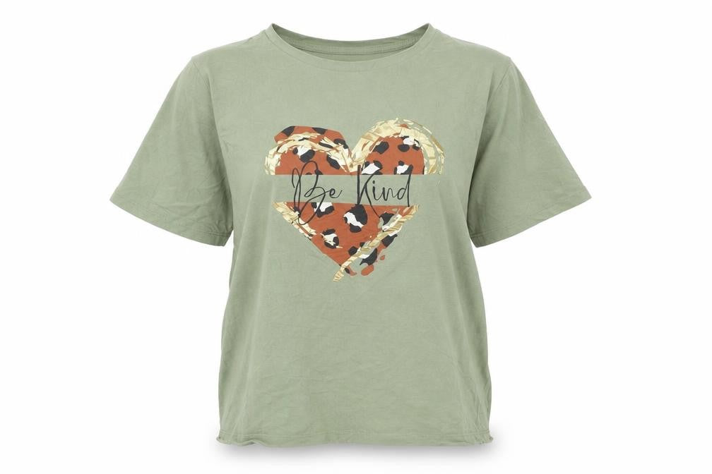 Mara Reya Women’s Green Be Kind Leopard Heart Cotton T-Shirt UK 18