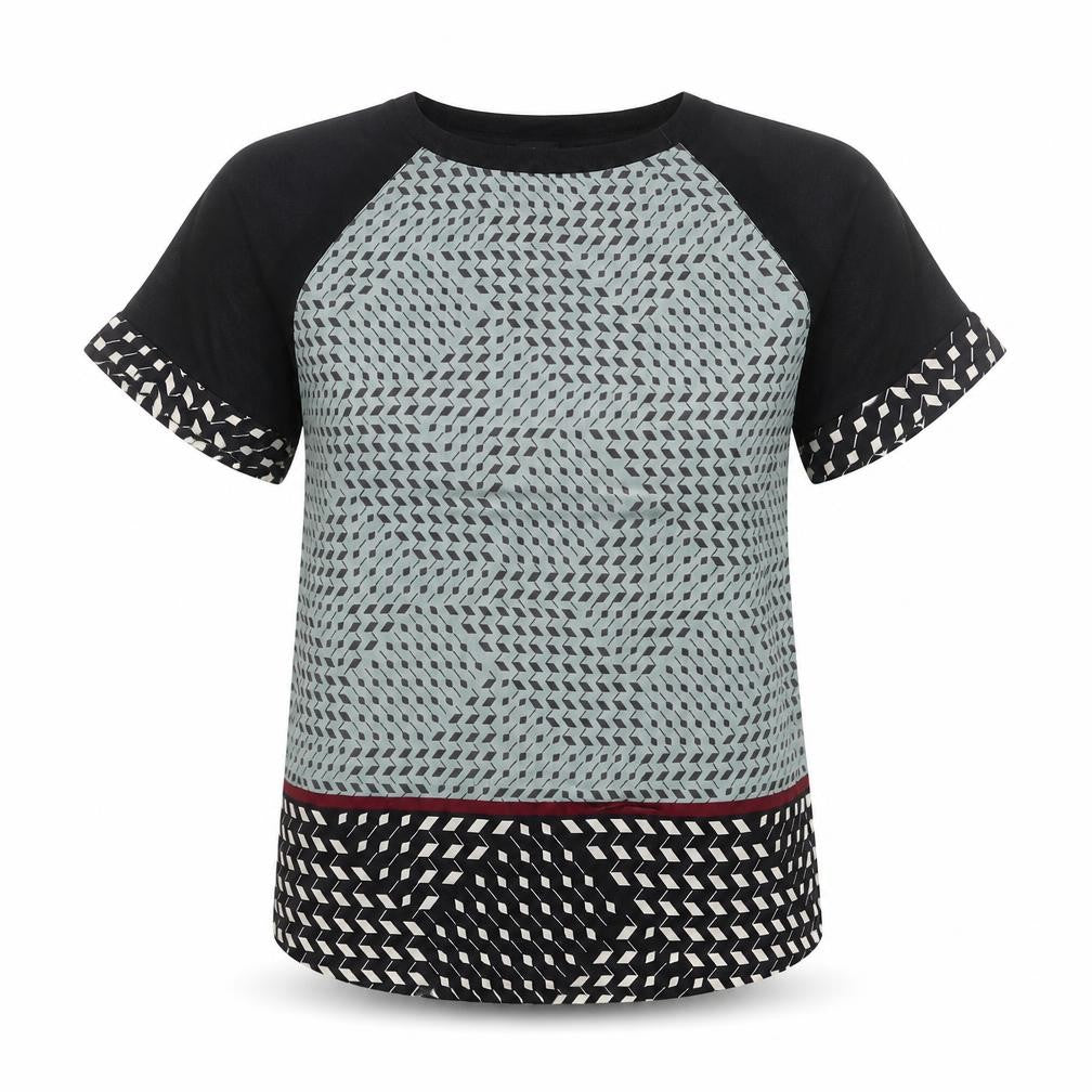 Front view of Next Women's Black Geometric Raglan Short Sleeve T-Shirt, size 10