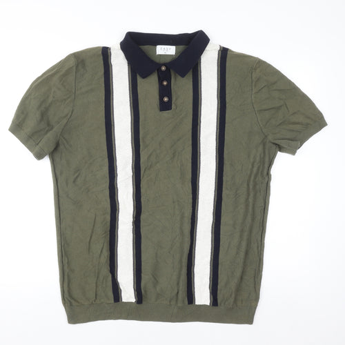 Easy Men's Green Striped Knit Polo Shirt XL Short Sleeve Cotton Blend