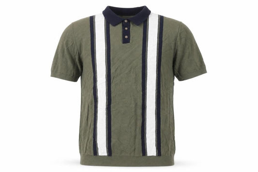 Front view of Easy Men's Green Striped Knit Polo Shirt XL Short Sleeve Cotton Blend