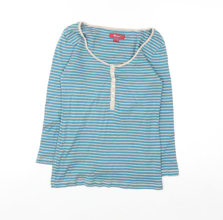 Monsoon Women Blue Striped Henley 3/4 Sleeve T-Shirt Size 12