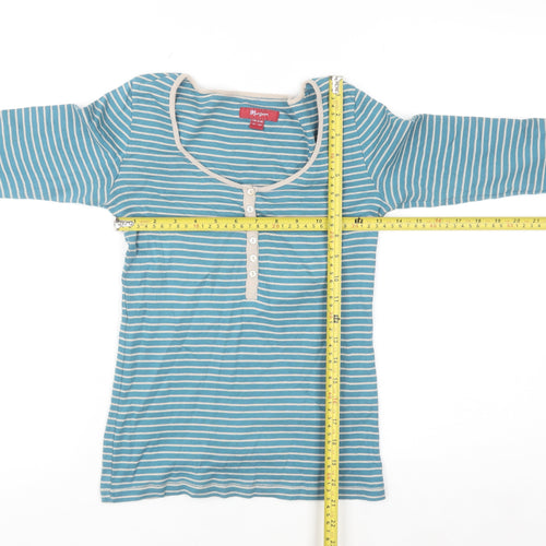 Monsoon Women Blue Striped Henley 3/4 Sleeve T-Shirt Size 12