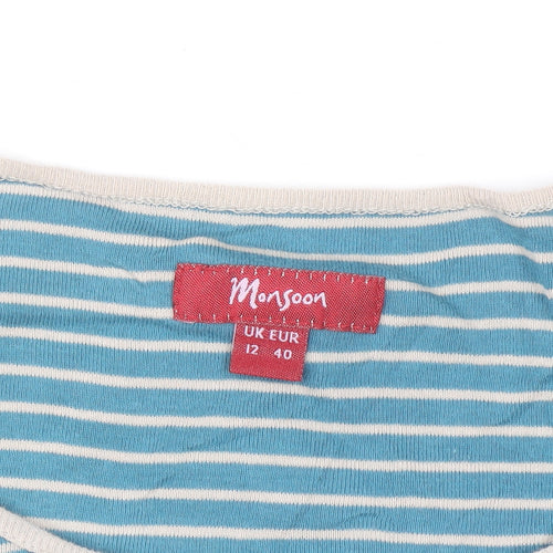 Monsoon Women Blue Striped Henley 3/4 Sleeve T-Shirt Size 12