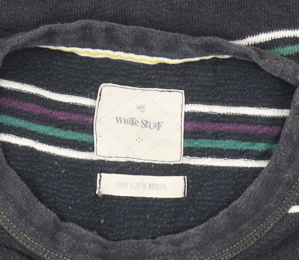 White Stuff Men's Navy Striped Cotton Crew Neck T-Shirt Medium