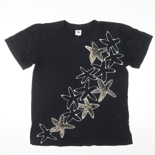 Nanso Womens Black Floral Print Short Sleeve T-Shirt S