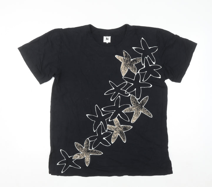 Nanso Womens Black Floral Print Short Sleeve T-Shirt S
