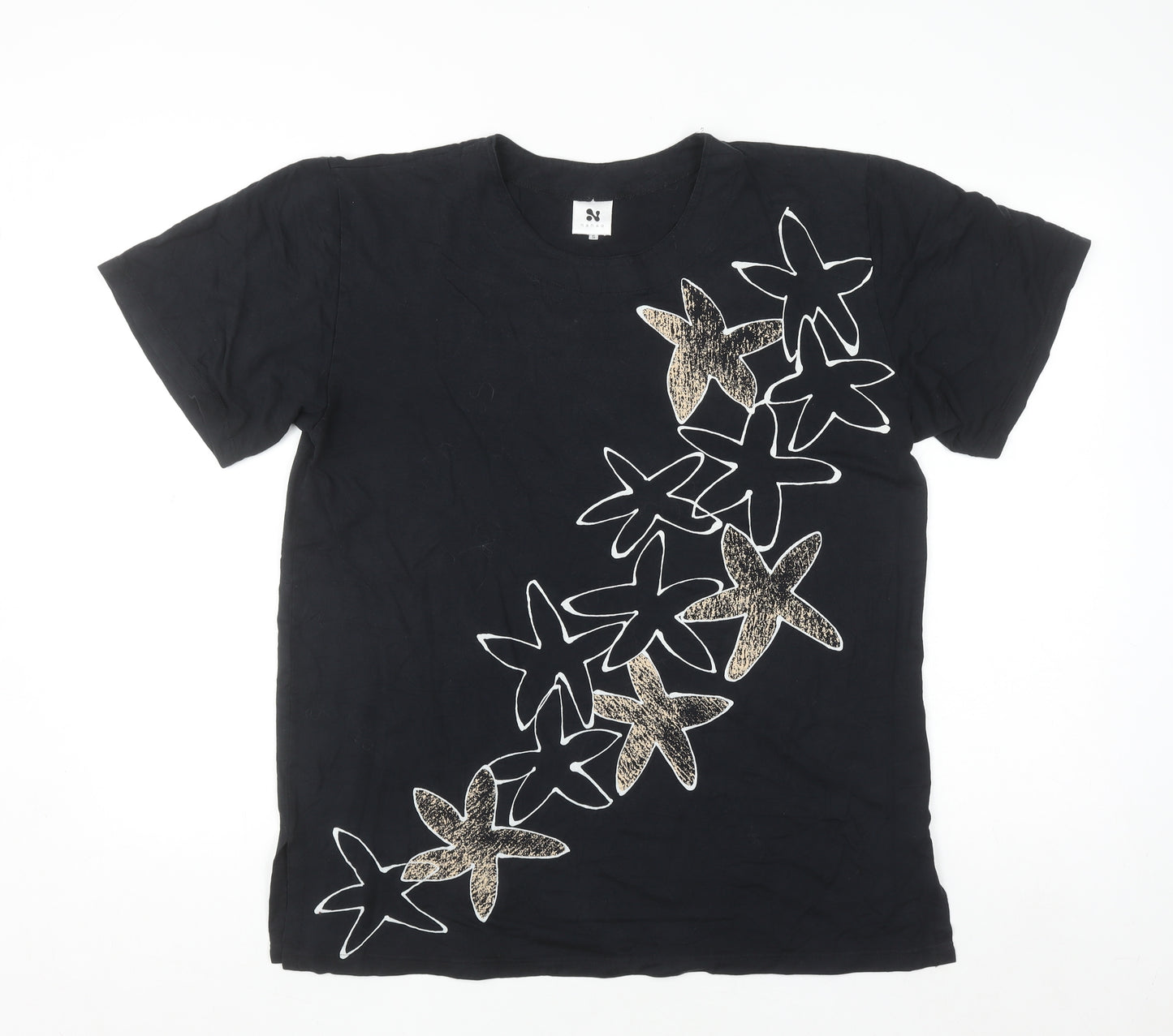Nanso Womens Black Floral Print Short Sleeve T-Shirt S