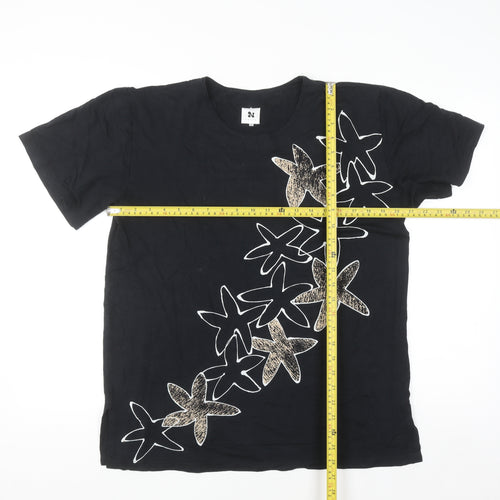 Nanso Womens Black Floral Print Short Sleeve T-Shirt S