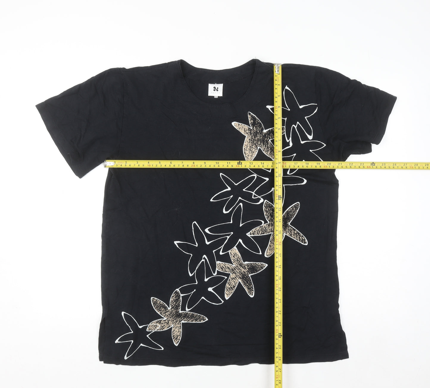 Nanso Womens Black Floral Print Short Sleeve T-Shirt S