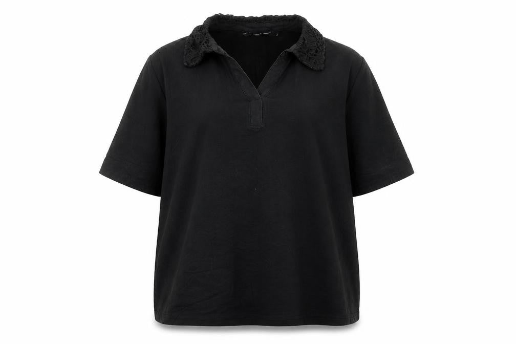 Isle Women Black Blouse Lace Collar Short Sleeve Size 18-20