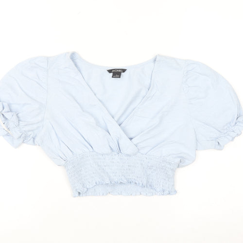 Monki Women's Blue Cropped Puff Sleeve V-Neck Blouse Size S