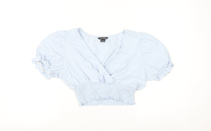 Monki Women's Blue Cropped Puff Sleeve V-Neck Blouse Size S