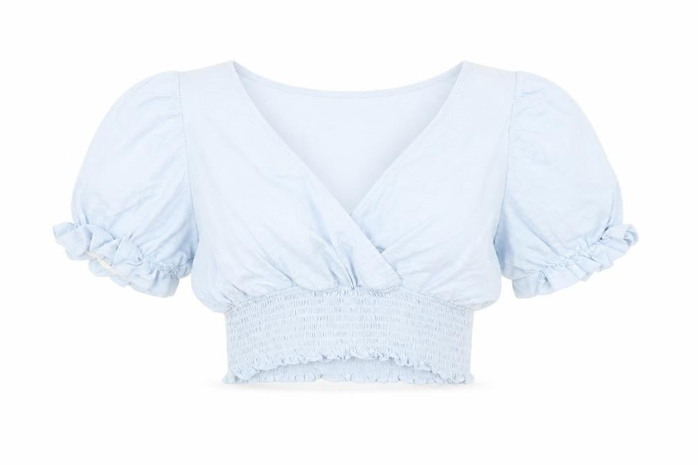 Front view of Monki Women's Blue Cropped Puff Sleeve V-Neck Blouse, size S