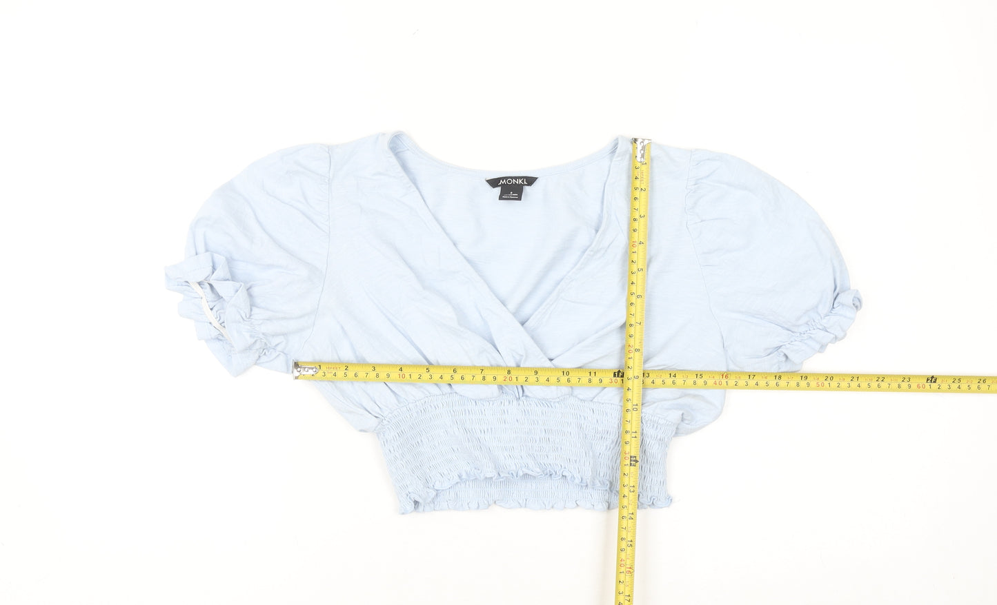 Monki Women's Blue Cropped Puff Sleeve V-Neck Blouse Size S