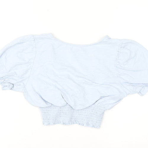 Monki Women's Blue Cropped Puff Sleeve V-Neck Blouse Size S