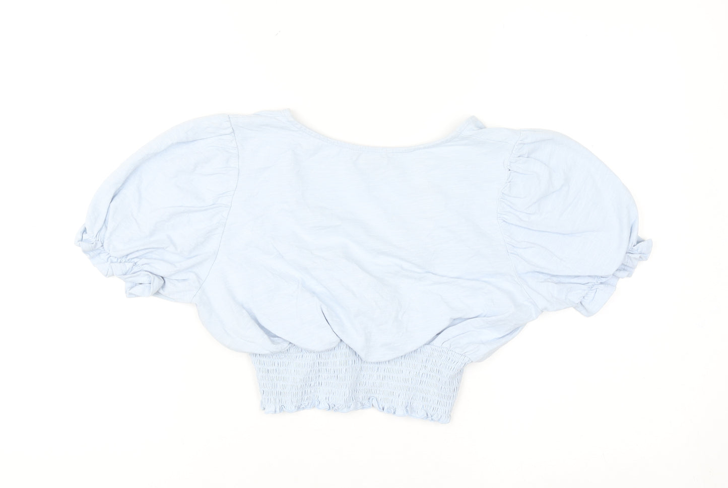 Monki Women's Blue Cropped Puff Sleeve V-Neck Blouse Size S