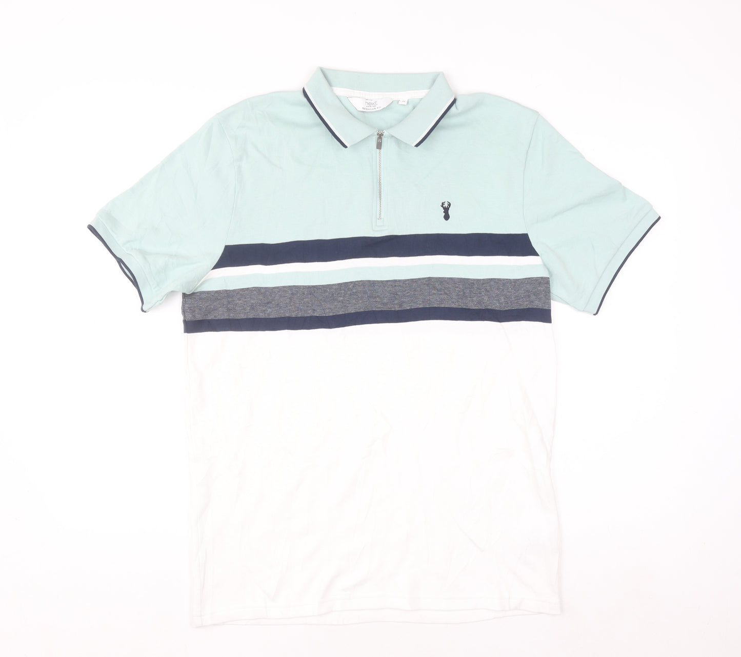 Next Men's Blue Colourblock 1/4 Zip Cotton Polo Shirt Size M Regular Fit