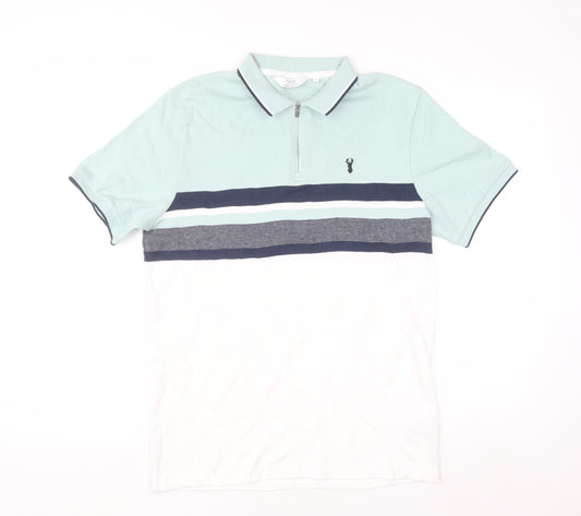 Next Men's Blue Colourblock 1/4 Zip Cotton Polo Shirt Size M Regular Fit