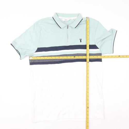Next Men's Blue Colourblock 1/4 Zip Cotton Polo Shirt Size M Regular Fit