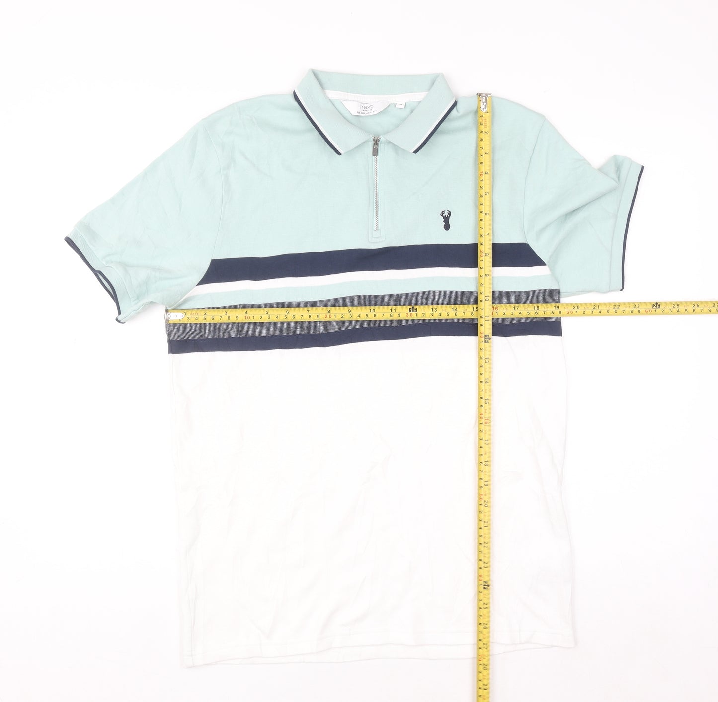 Next Men's Blue Colourblock 1/4 Zip Cotton Polo Shirt Size M Regular Fit