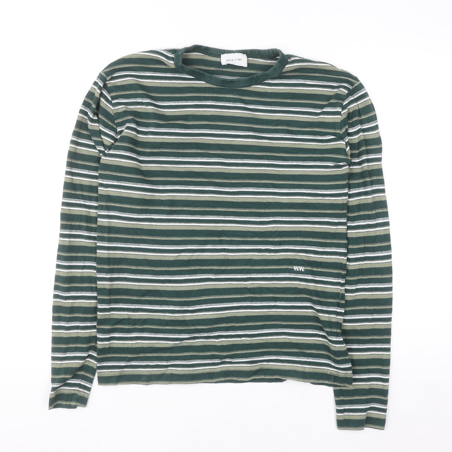 Wood Wood Men's Green Striped Cotton Long Sleeve Pullover Jumper L