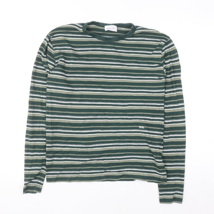Wood Wood Men's Green Striped Cotton Long Sleeve Pullover Jumper L
