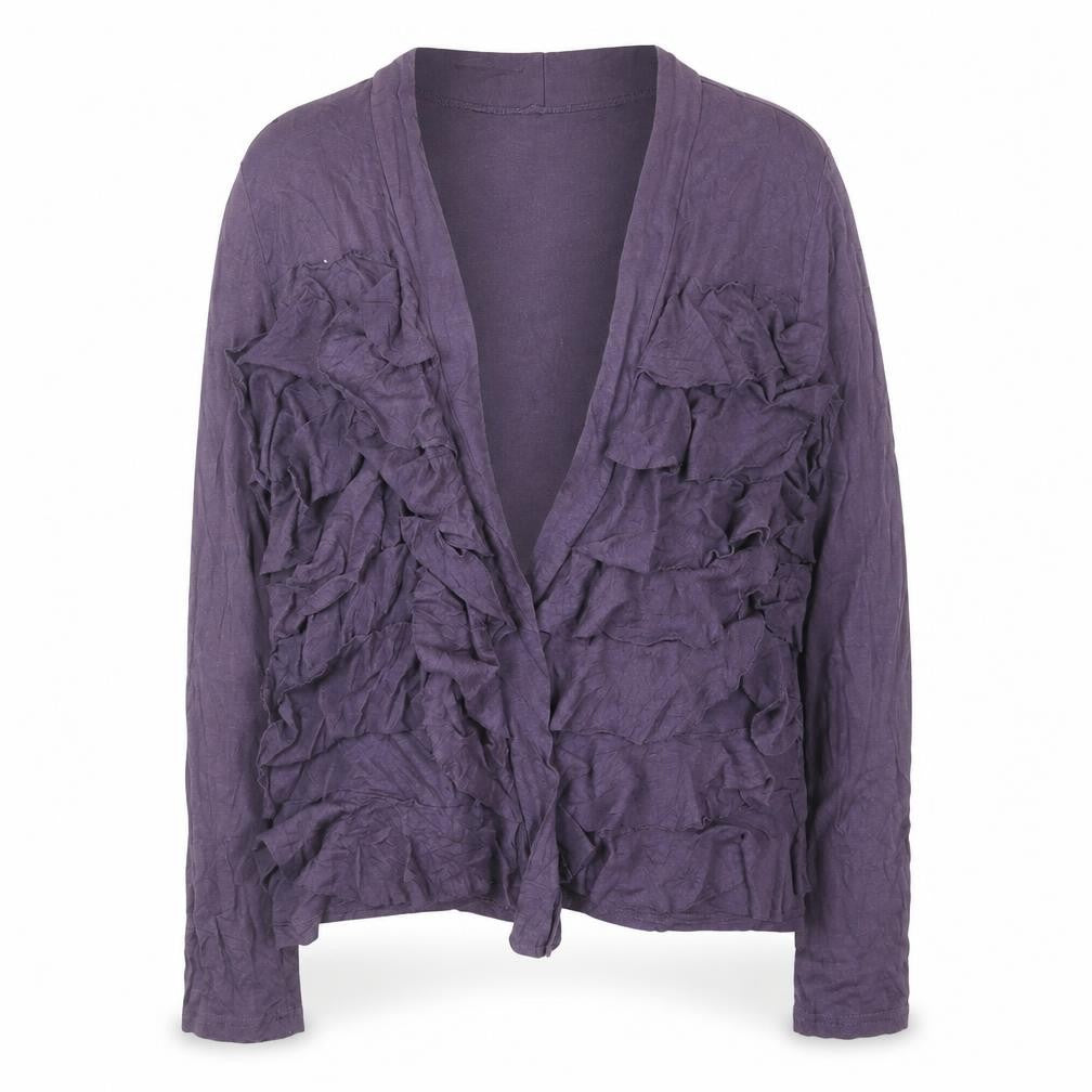 Front view of Braintree women’s purple cardigan, size UK 16, bamboo cotton ruffle open front
